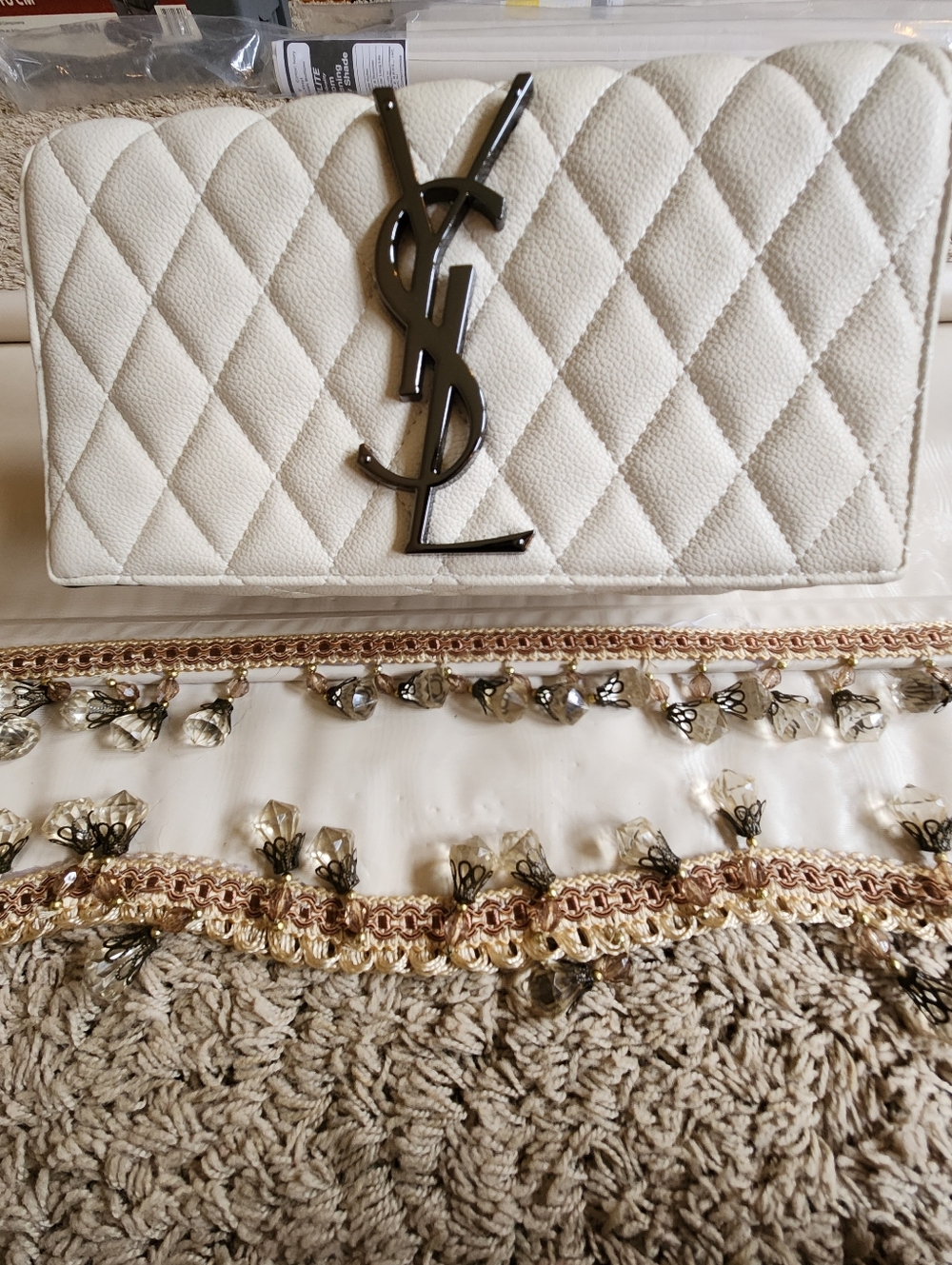Saint Laurent Off-White Quilted Leather Envelope Clutch with Black YSL Logo